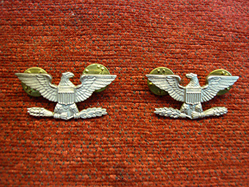 Pair of vintage US Army Colonel collar eagles, silver filled metal