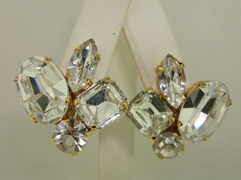 1960s-70s Rhinestone Earrings, Gold Tone Clip-On