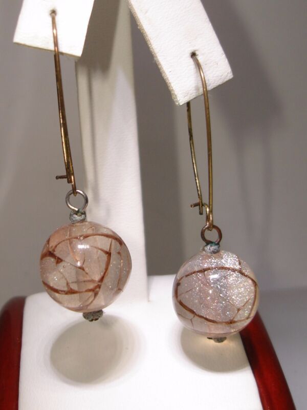 Vintage art glass ball earrings, white and pink opaque with pink accents