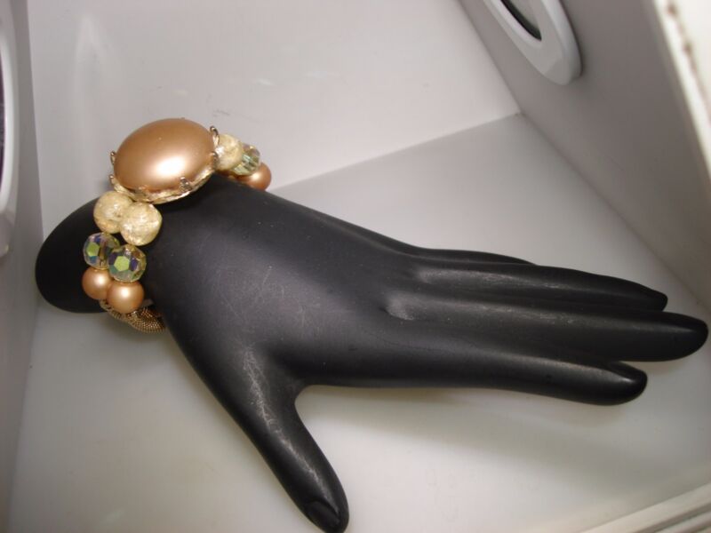 Vintage 1960s gold-tone mesh bracelet with AB crystals and champagne beads