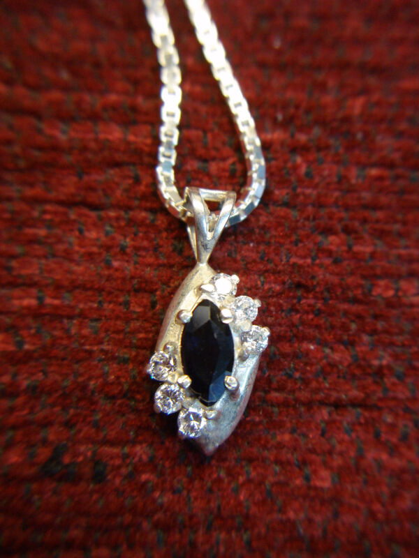 Sterling silver blue sapphire pendant with simulant diamonds and box chain necklace