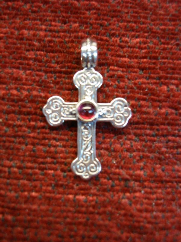SAVATI Sterling Silver Byzantine Cross Pendant with Garnet Glass Stone