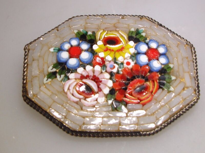 Vintage Italian Mosaic Floral Brooch Pin