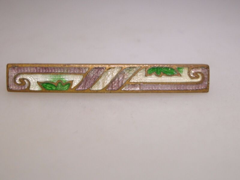 Antique Art Nouveau floral cloisonné enamel bar pin with gold wash, lavender and green details.
