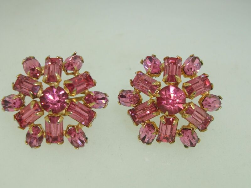 Vintage 1950s gold tone rhinestone earrings with rose foiled design