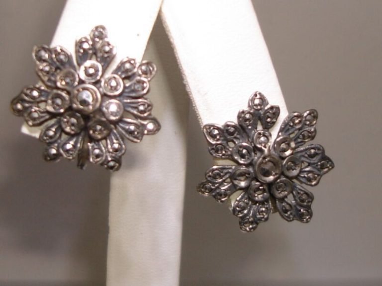 Sterling silver marcasite earrings, Art Deco design, vintage flower motif