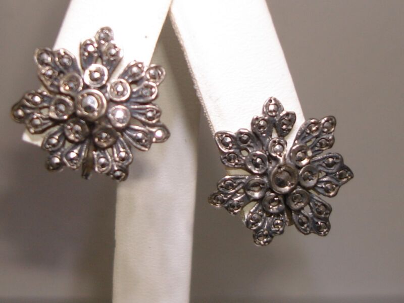 Sterling silver marcasite earrings, Art Deco design, vintage flower motif