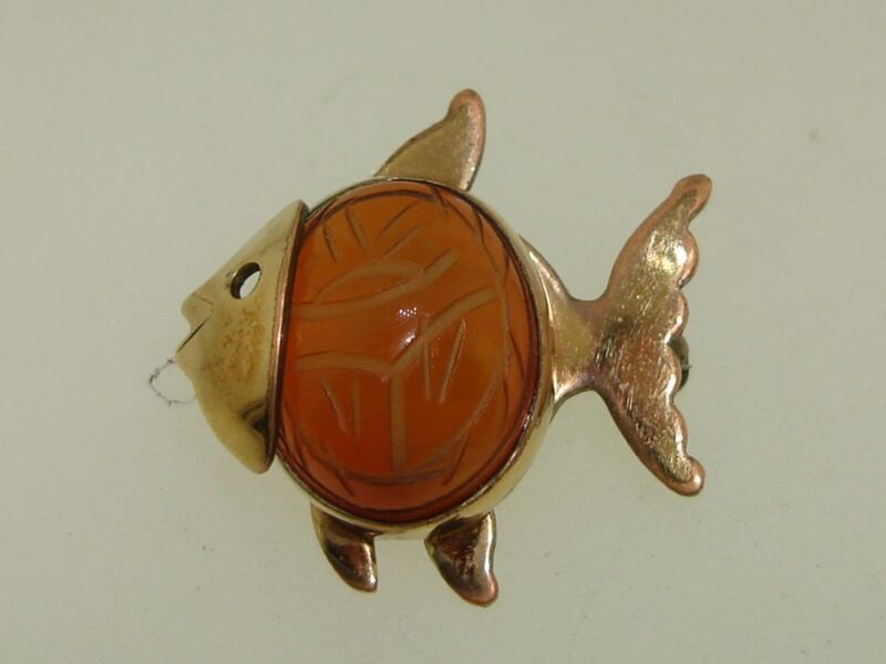 Vintage W.R.E. gold-filled carnelian scarab fish pin