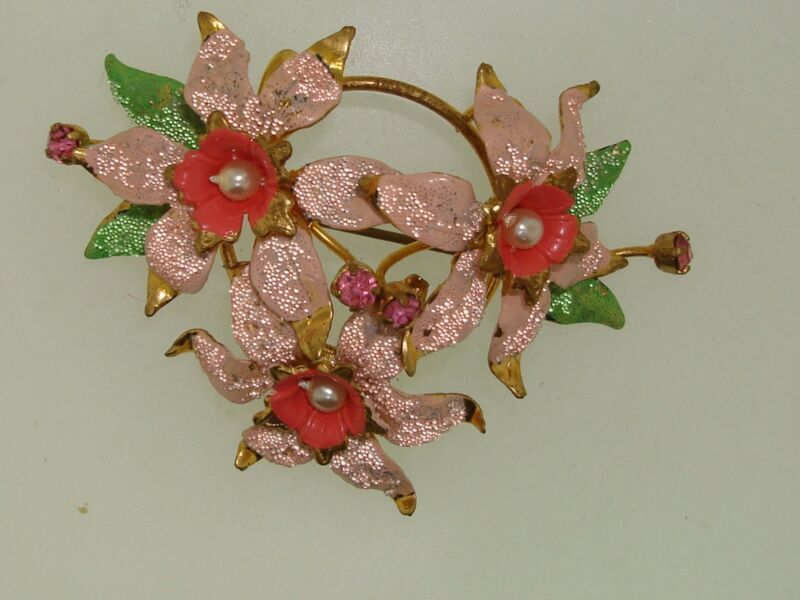 Vintage 1940s Austrian crystal floral pin with faux pearl and enamel details