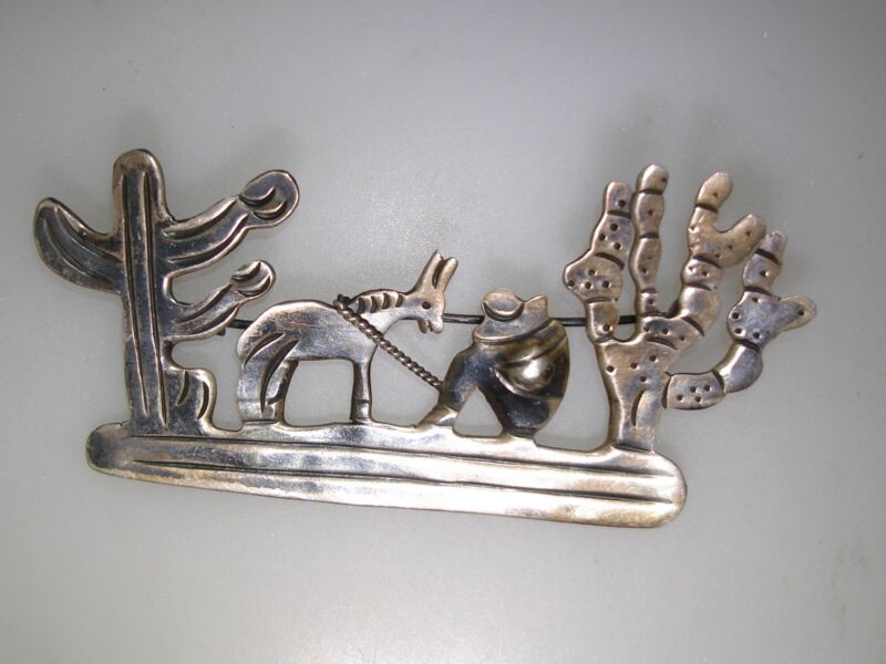 Vintage 1940s Mexican sterling silver burro and cactus pin