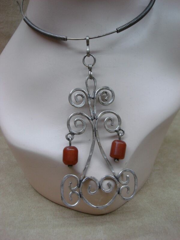 Vintage Brutalist silver choker necklace with amber Lucite centerpiece