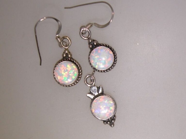 Fiery opal pendant and earrings set in sterling silver