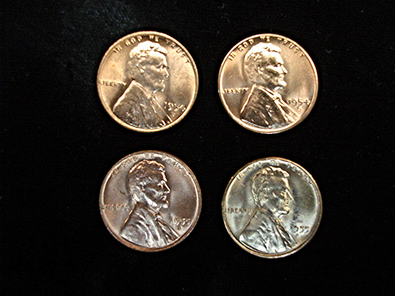 Set of four brilliant uncirculated (BU) Lincoln Wheat Cents from 1954 and 1955, minted in Denver and San Francisco.
