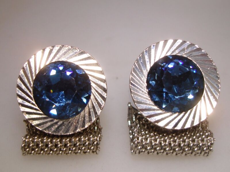 Vintage 1960s-70s silver mesh cufflinks with cobalt blue rhinestones