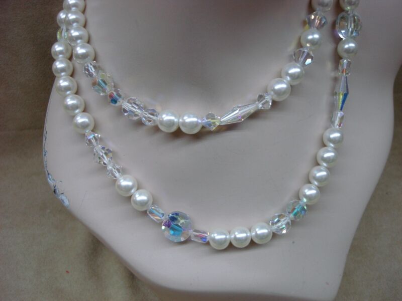 Vintage 1970s Swarovski crystal and faux pearl necklace and earrings set