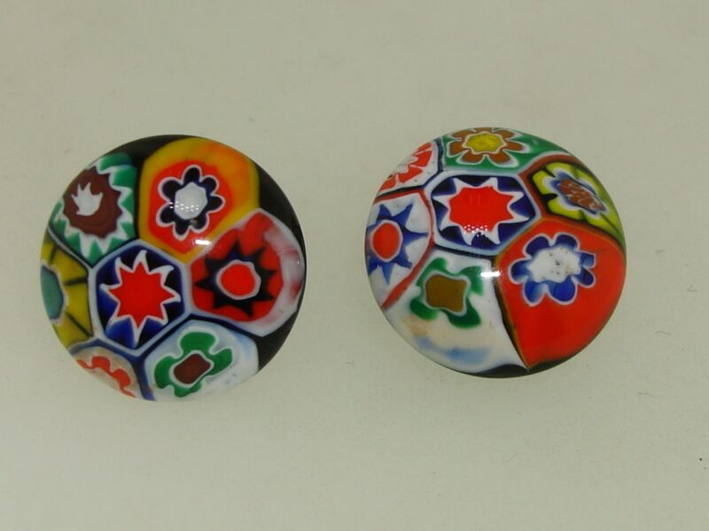 Vintage Italian Millifiore glass button earrings, rainbow colors, clip-on