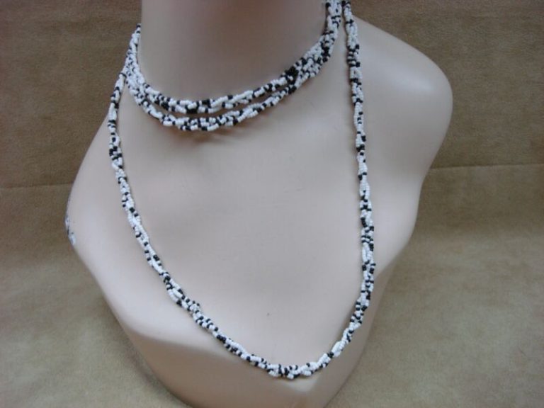 Vintage black and white seed bead necklace, three strands