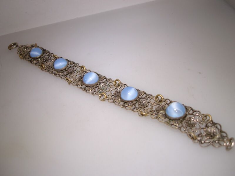 Vintage silver washed filigree bracelet with faux moonstone cabochons