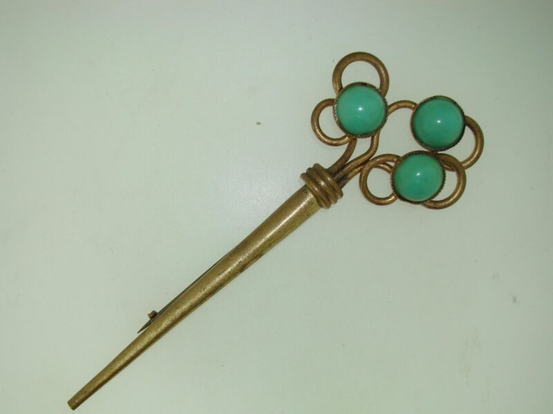 Vintage Art Nouveau brass pin brooch with aqua glass cabochons