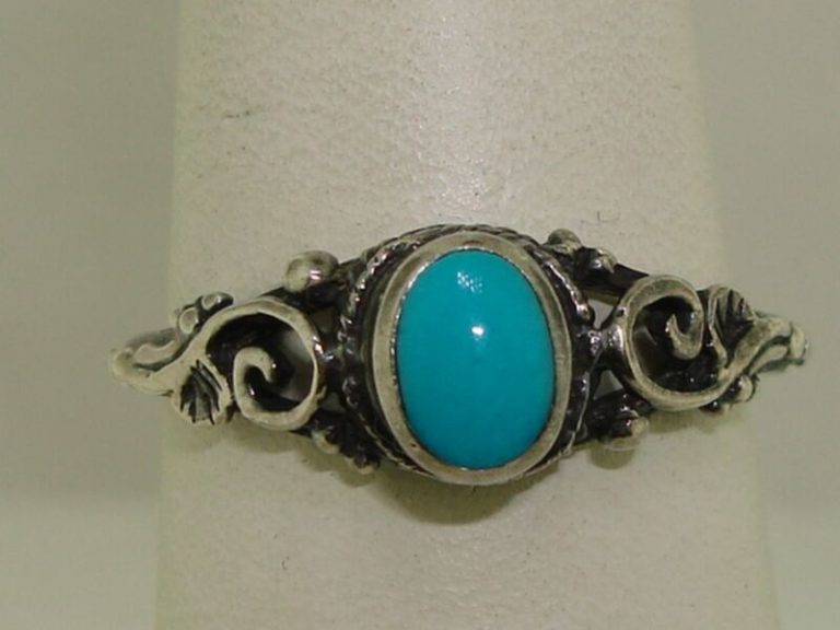 Vintage sterling silver turquoise ring with oval gemstone and open scrollwork design, size 7 1/2