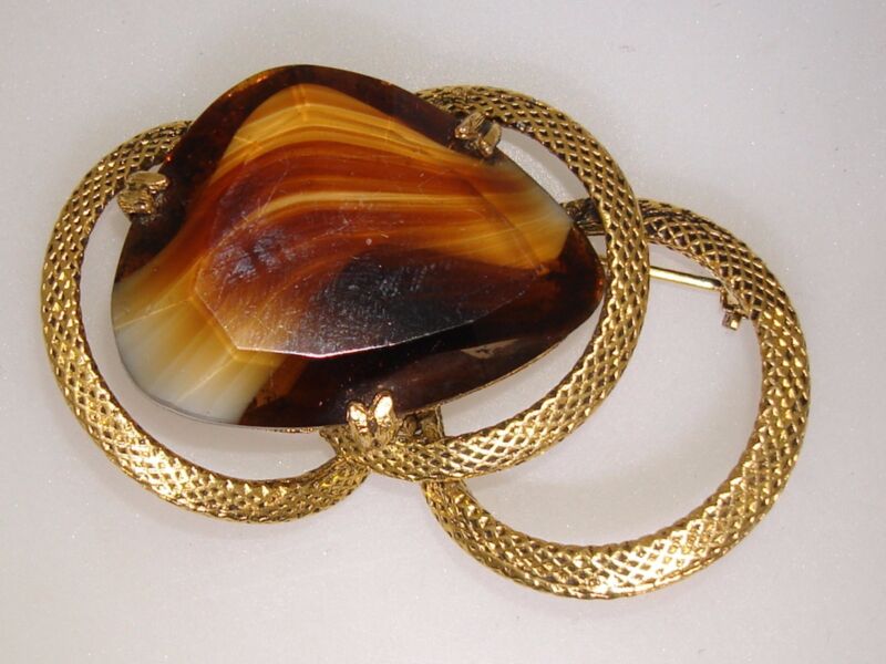 Vintage banded agate pin with gold-tone snake skin frame