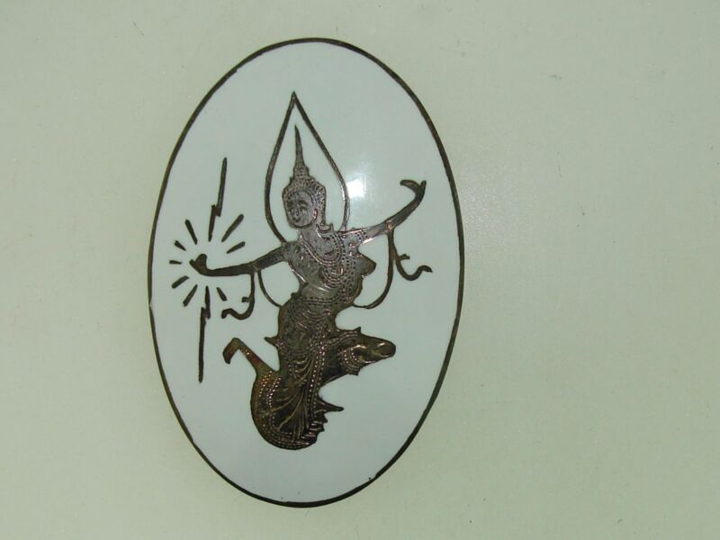 Vintage 1960s Siamese Dancer Enamel Pin in Sterling Silver