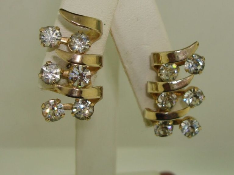 Vintage 1940s gold-tone rhinestone earrings, Retro Moderne style