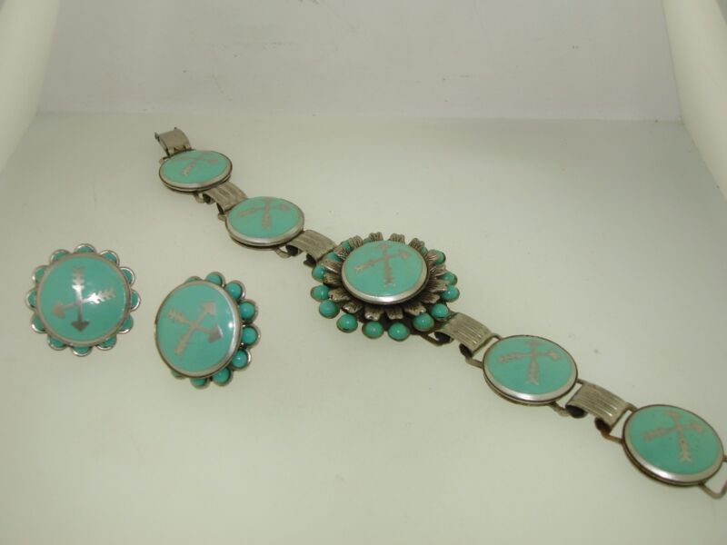 Vintage aluminum and lucite turquoise arrow bracelet and earrings set from the 1940s-50s
