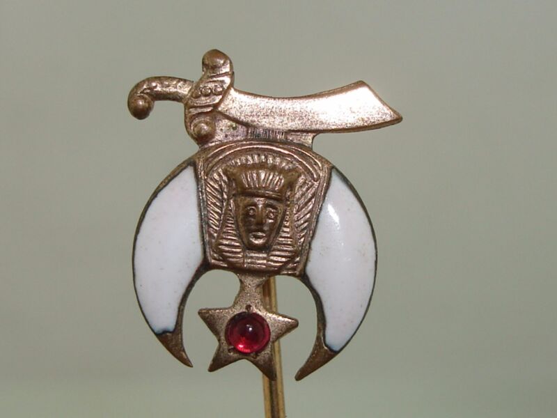 Victorian Masonic stick pin with rose gold wash, enamel, and ruby glass