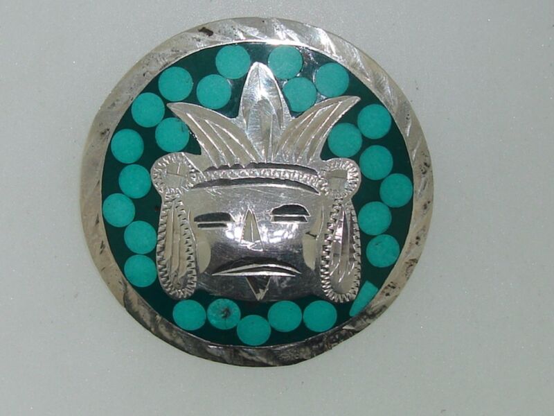 Vintage sterling silver Mayan Aztec turquoise pin by MRM, Guadalajara Mexico