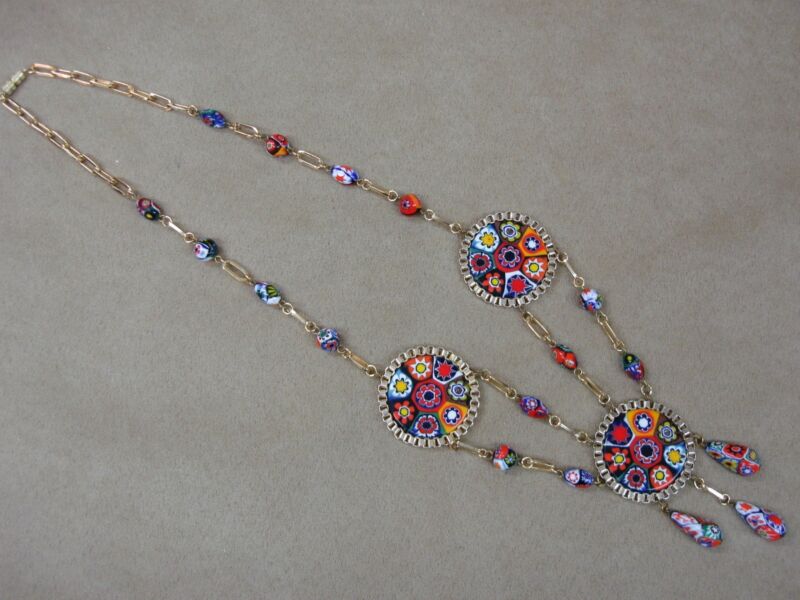 Vintage Italian Millefiori glass pendant bib necklace with rainbow colors and gold tone