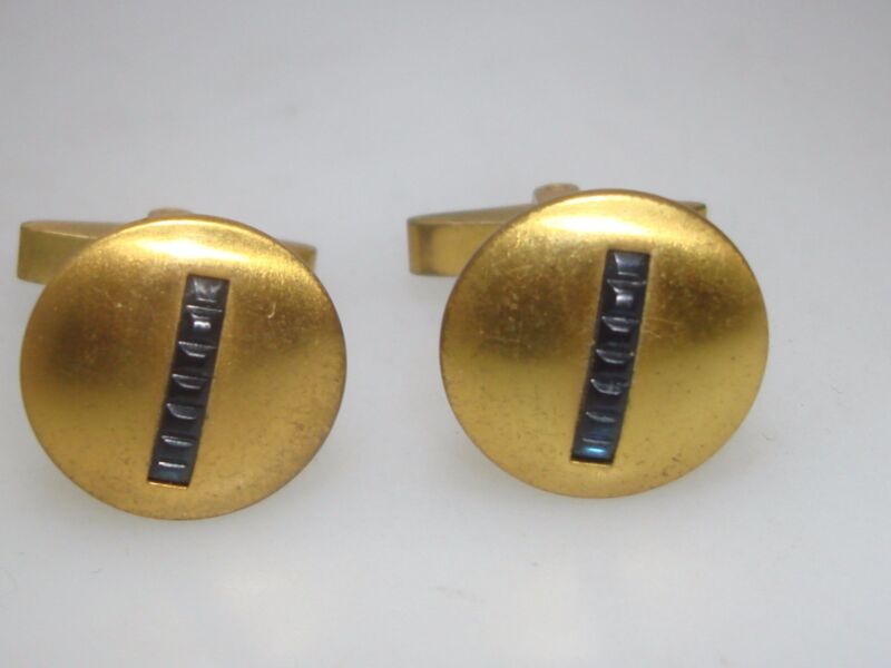 Vintage Art Deco cufflinks with brushed gold finish and deep blue lucite