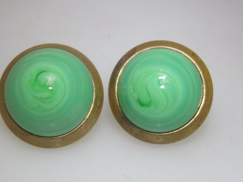 Vintage 1950s Bergere Gold Washed Green Glass Dome Clip-on Earrings