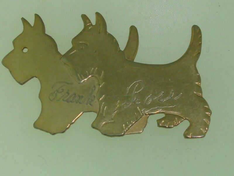 Vintage gold-tone Scottie dog sweetheart pin engraved with 'Frank & Rose'