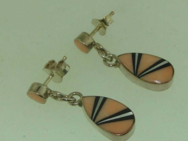 Handcrafted Southwestern sterling silver earrings with coral, MOP, and onyx inlay, signed KC (925)