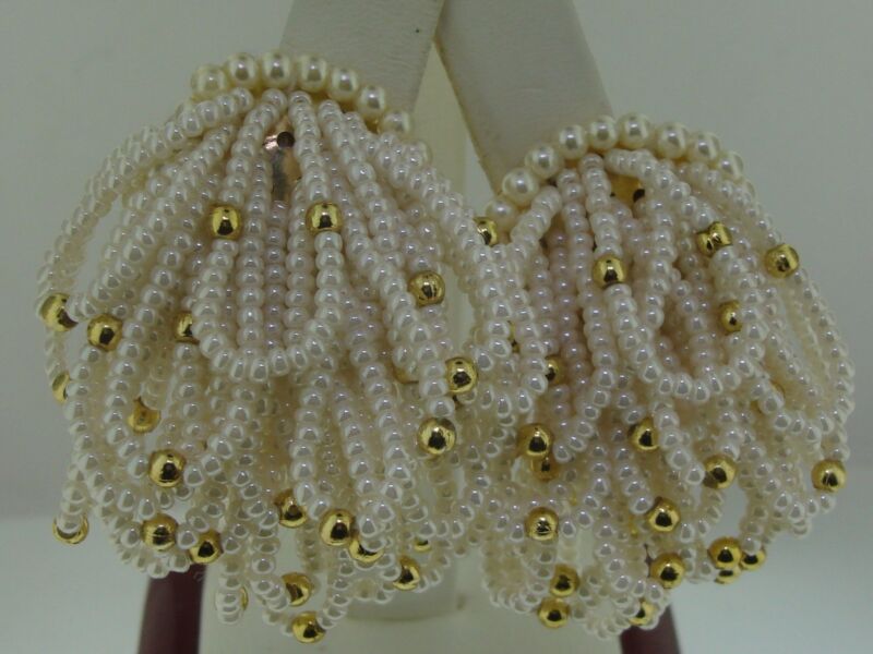 Vintage 1970s-80s clip-on earrings with cream white faux pearls and gold beads