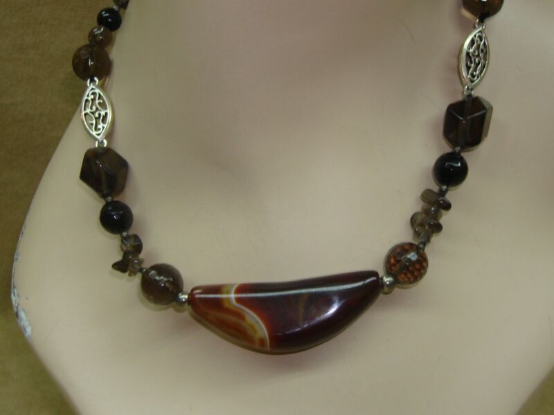 Sterling silver necklace with Scottish agate and faceted smoky quartz