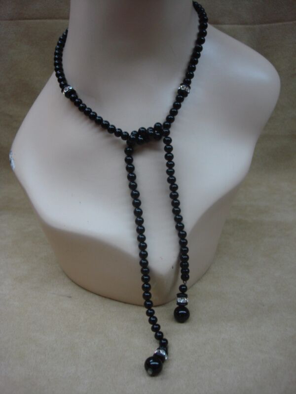 Vintage Art Deco Black Glass Bead & Rhinestone Lariat Necklace (28″ )