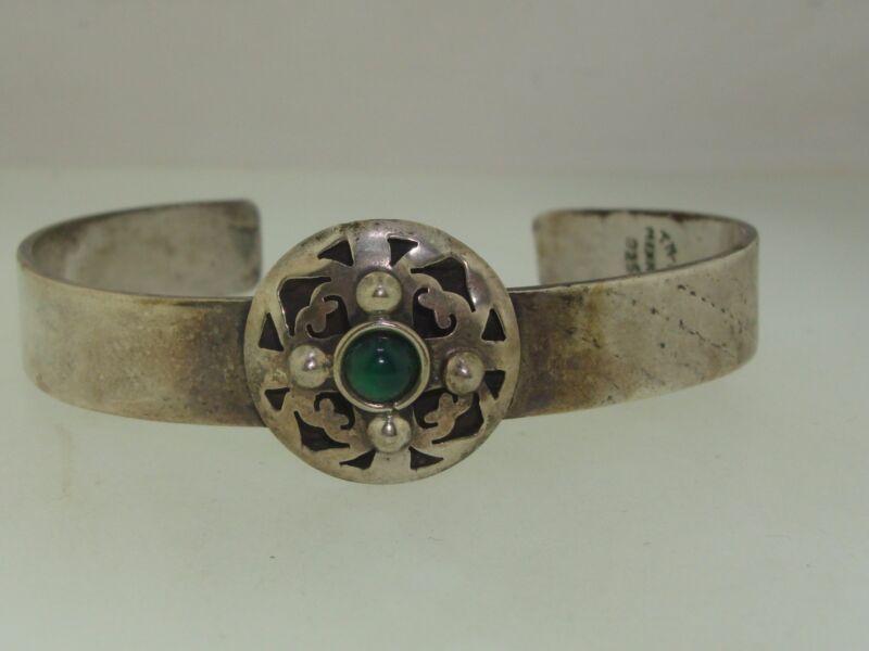 Vintage 1980s Taxco Sterling Silver Shadow Box Cuff Bracelet with Green Onyx