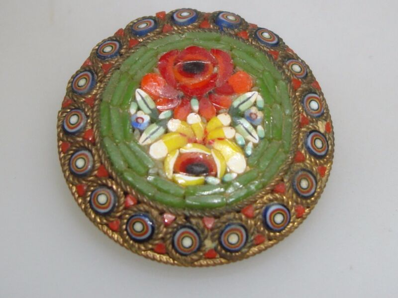 Vintage Italian micro mosaic floral pin, 1930s brass vermeil