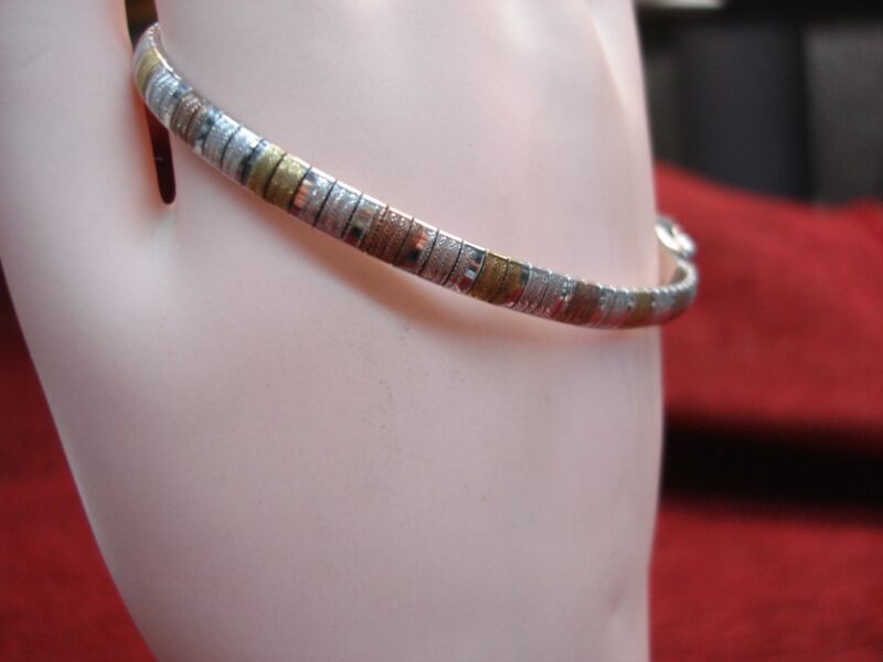 Sterling silver tri-color mesh bangle bracelet with yellow and rose gold vermeil