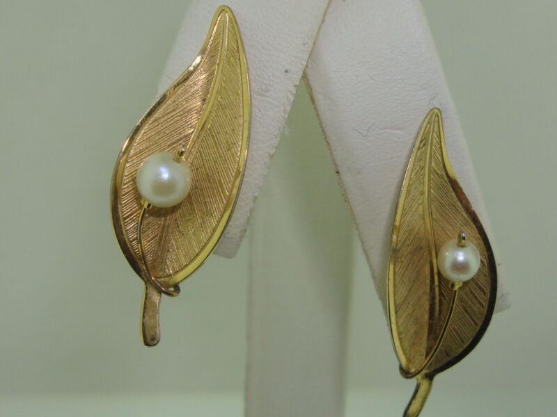 Vintage gold-filled pearl leaf earrings from the 1960s-70s