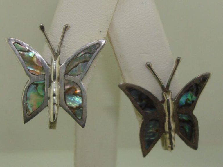 Vintage Mexican sterling silver abalone butterfly earrings, signed JRF