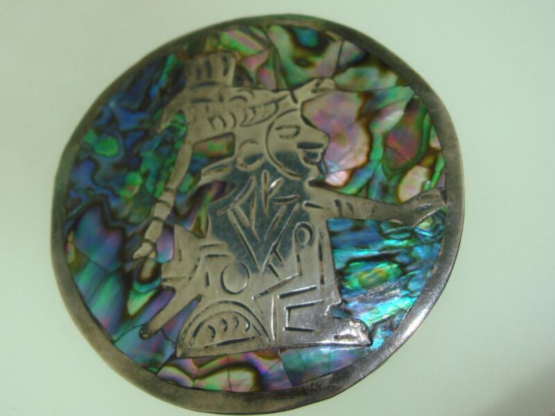 Vintage Mexico sterling silver abalone inlay Aztec god pin, signed and hallmarked