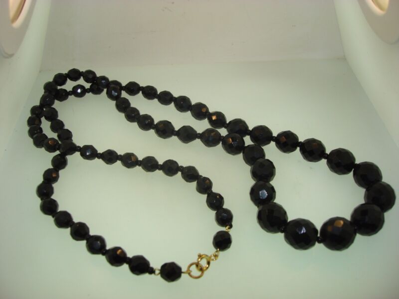 Vintage black glass beaded necklace, 1940s-50s, graduated facet beads