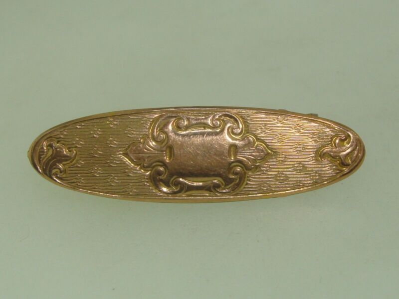 Art Nouveau rose gold filled alligator clip pin with engraved plaque, circa 1900s