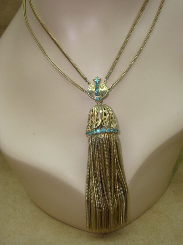 Vintage gold-washed rhinestone fringe pendant necklace, 1930s-40s