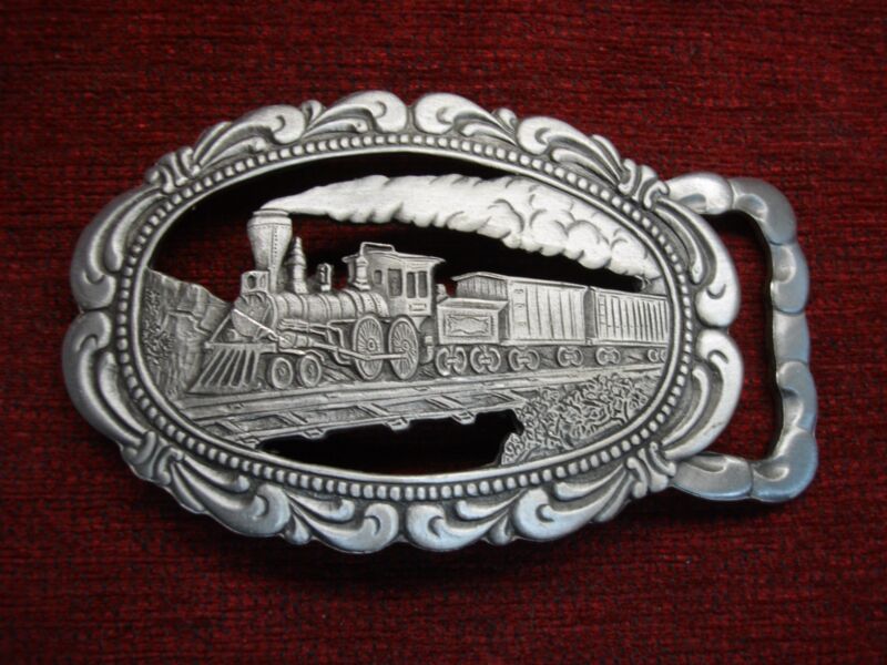 Vintage Gary Colin pewter steam engine belt buckle, 1977