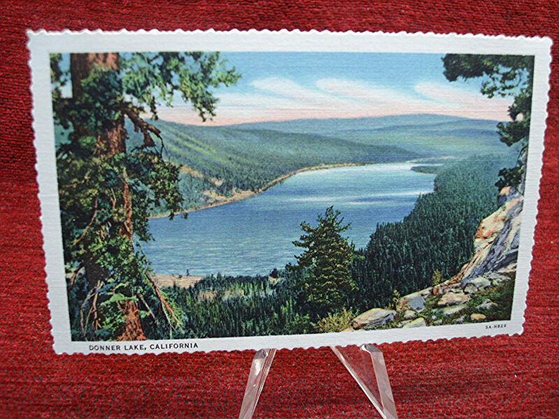 Vintage Southern Pacific Railroad linen postcard featuring a view of Donner Lake, California