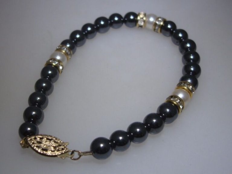 Vintage 1970s gold-filled hematite and faux pearl bracelet with rhinestones